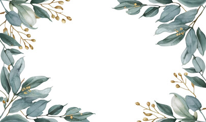 Herbal eucalyptus leaves frame isolated on a white transparent background, png.  Greenery wedding simple minimalist invitation. Watercolor style card. 