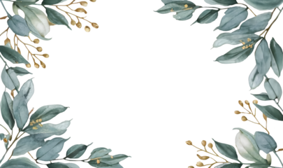 Herbal eucalyptus leaves frame isolated on a white transparent background, png.  Greenery wedding simple minimalist invitation. Watercolor style card. 