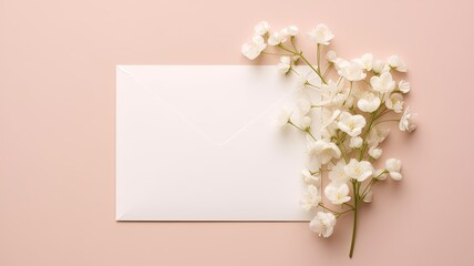 a romantic letter, surrounded by tender narcissus and gypsophila branches, set against a rose background. Ideal for text or promotion, the love of spring in a sleek and minimalist composition.