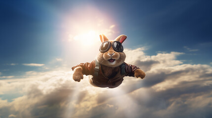 AI generated illustration of a cute rabbit flying through the air with pilot goggles