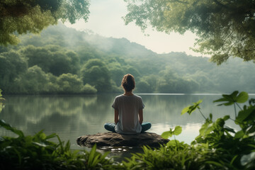 A serene image of a young woman meditating by a tranquil lake surrounded by lush greenery, promoting mindfulness and connection with nature