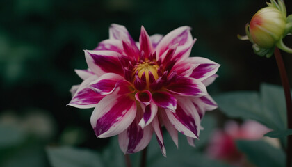 Vibrant dahlia blossom in formal garden showcases natural beauty generated by AI