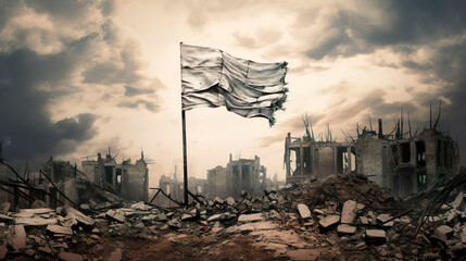 The white flag is a sign of surrender. The army surrenders with a white flag on the background of a destroyed city. Stop war and military attack. - obrazy, fototapety, plakaty