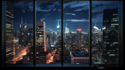 Background of a cityscape skyline showing the city with bright lights out of a modern window - obrazy, fototapety, plakaty