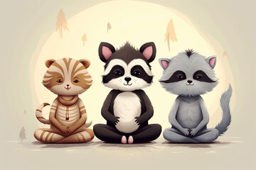 Three funny animals do yoga and meditation. 