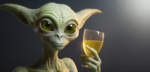 Nice funny smiling alien with big ears holding a glass with yellow drink