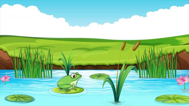 A Frog Swims On A Leaf In A Lake