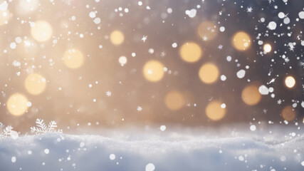 Christmas or winter background with bokeh, snowflakes and snow.