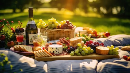 cheese wine picnic food illustration grapes baguette, charcuterie olives, salami prosciutto cheese wine picnic food - obrazy, fototapety, plakaty