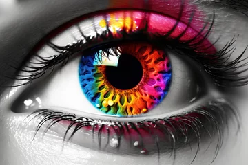 Deurstickers eye Colorful see iris view care look face blue whipped shine human pupil green light macro sharpened woman close colours watch optical sight vision bright lense orange female person beauty health © akkash jpg