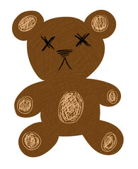 BROWN TEDDY BEAR WITH CROSS EYES, CRAYON PAINTED STYLE