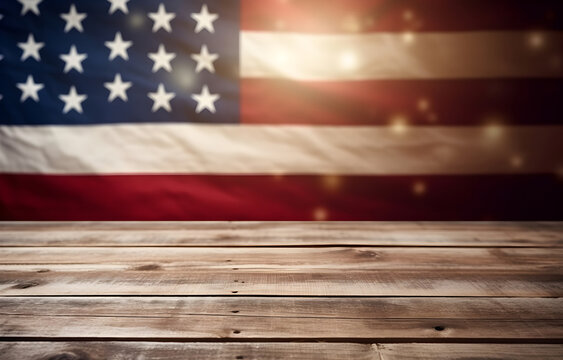 Empty wooden deck table and wooden plank background in USA flag