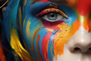 portrait close woman art face color red eye cute girl care body skin model white adult paint black young colours style bright luxury people female design beauty make-up powder splash fashion - obrazy, fototapety, plakaty