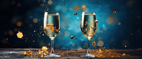 two glasses of champagne on a blue background