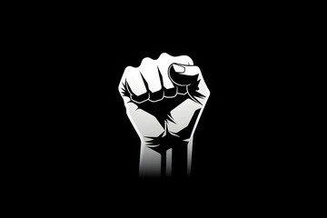 Raised fist silhouette against black background representing strength and protest - obrazy, fototapety, plakaty