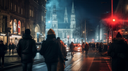 Obraz premium street, night, people, city, walking, light, christmas, building, urban, crowd, architecture, traffic, walk, lights, london, evening, dark, travel, motion, market, old, church, business
