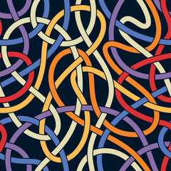 Multicolored tangled lines on a black background. Abstract geometric design in squiggle style. Seamless repeating pattern. Vector illustration.