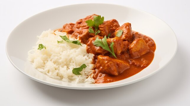 Delicious Indian Chicken Tikka Masala with Basmati Rice on White Background AI Generated