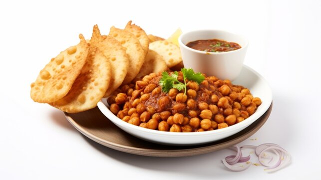 Delicious plate of Indian chole bhature with spicy chickpeas and fried bread on white background AI Generated