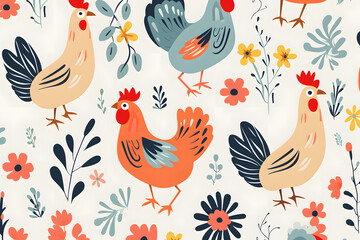 Colorful chicken and flower pattern on white background