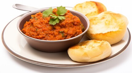 Delicious Indian Pav Bhaji with Bread on White Background AI Generated