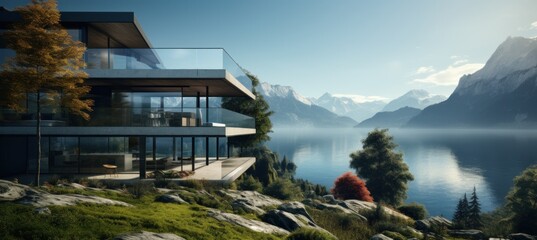 views of an impressive home overlooking the lake architecture