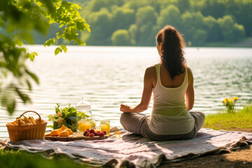 Wellness retreat, tranquil scene of a person meditating by a serene lake, omega-3-rich foods neatly...
