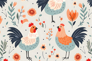 Charming pattern with illustrated hens and floral accents
