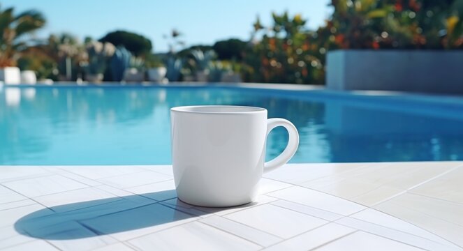 white coffee cup on stone tiled outside swimming pool