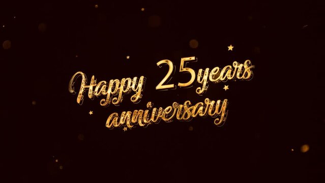Happy 25 years anniversary lettering with fireworks, stars in gold color