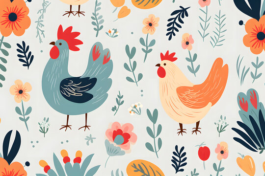Colorful folk art pattern with chickens and flowers