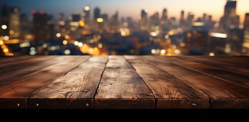 wooden dining table with blurry background while looking into the city