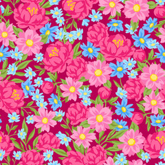 Pattern with pretty flowers. Beautiful decorative natural plants and leaves.