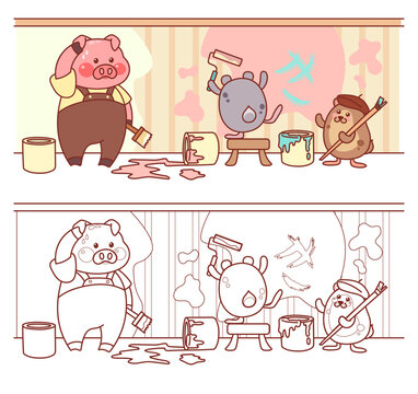 Fun coloring page of piglet and hamsters paint walls. Cute characters is doing repair in room. Funny vector illustration.
