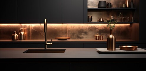 a black kitchen with a gold sink, tap and faucet - obrazy, fototapety, plakaty