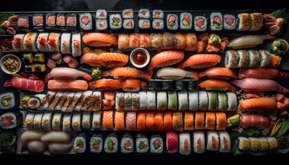 Fresh seafood rolled up in maki sushi, a gourmet meal generated by AI