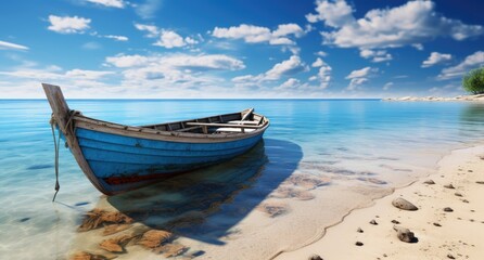 a boat rests on top of water on a tropical beach