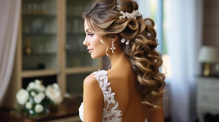 Foto auf Glas a bride with long hair wearing a pearl comb © olegganko