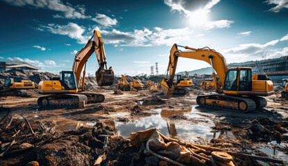 a construction site filled with heavy equipment - obrazy, fototapety, plakaty