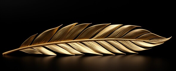 a gold palm leaf is seen against a black background