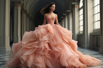 Beautiful ball gown in soft peach color, prom or dinner party concept - obrazy, fototapety, plakaty