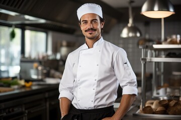 a male chef smiling and posing in the kitchen
