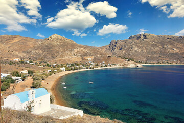 The beach Koutalas with the church Agia Theodora of Serifos island, Greece - obrazy, fototapety, plakaty