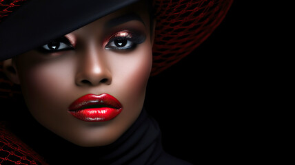 Beautiful African American woman with red lips and hat. Portrait of a beautiful woman with red lips and hat on black background. Beautiful Make-up Closeup.