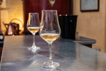 Tasting of cognac spirit aged in old French oak barrels in cellar in distillery in Cognac white...