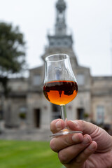 Tasting of cognac alcohol drink and view on old streets and houses in town Cognac, Grand Champagne, Charente, strong spirits distillation industry, France