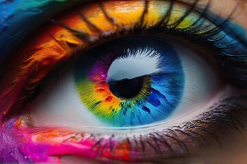 eye of the person. a close up of a person's eye with colorful paint on it, an airbrush painting