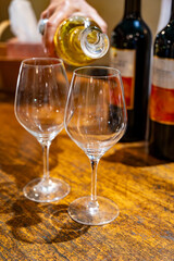 Tasting of sweet dessert Sauternes wines in old wine domain on Sauternes vineyards in Barsac village affected by Botrytis cinerea noble rot,  Bordeaux, France
