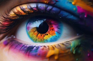 eye of the person. a close up of a person's eye with colorful paint on it, an airbrush painting