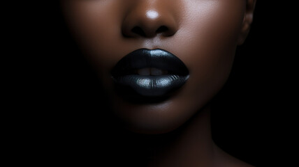 Beautiful black woman with black lips on black background. Beauty and fashion. Professional make-up, studio shot. - obrazy, fototapety, plakaty